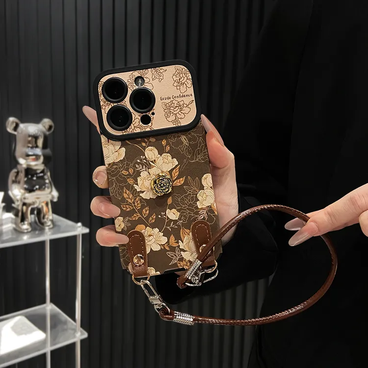棕底白棕花朵适用于苹果17promax手机壳大视窗小羊皮iPhone16/15