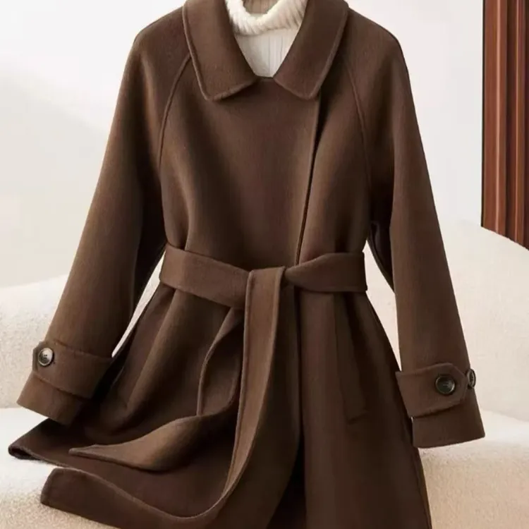 女毛呢外套纯系带双面呢大衣秋冬黑色网红双面呢