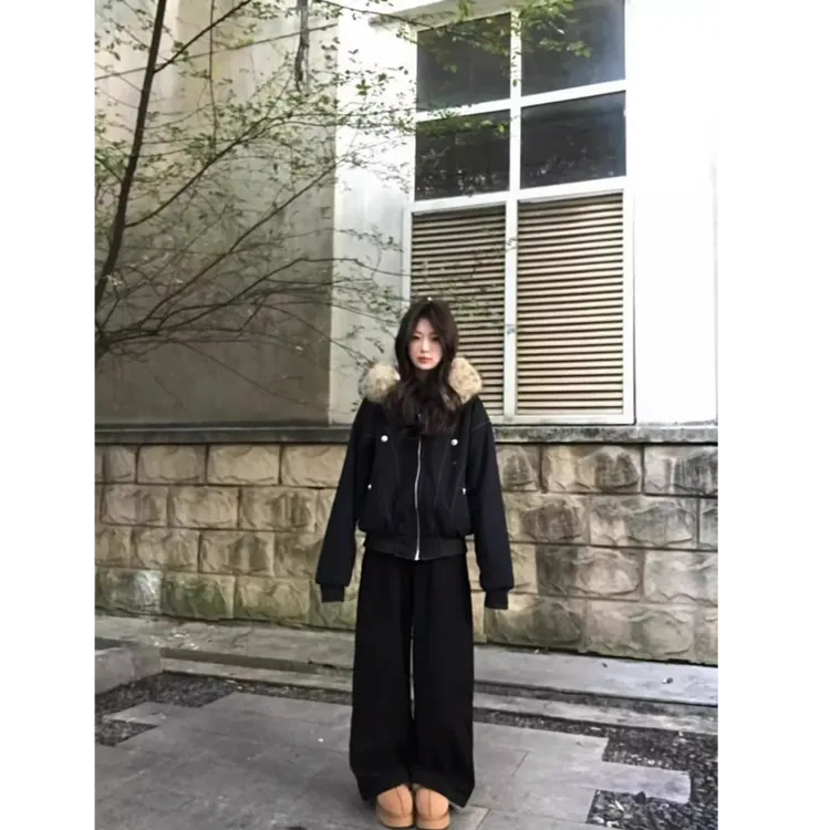 美式复古黑色座山雕外套女款秋冬派克服加绒加厚国潮短款夹克棉服