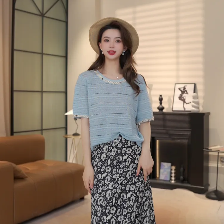 JIUJIU民族风圆领时尚百搭短袖针织衫-Y16975