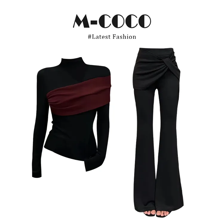 【同款优选】气质洋气撞色拼接不规则打底衫套头上衣喇叭裤显瘦套装