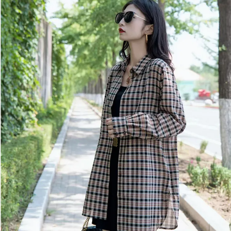 阿玛施AMASS【经典格纹】时尚百搭复古长袖中长款衬衫5300701