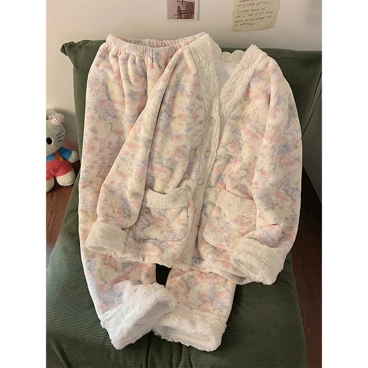 珊瑚绒睡衣女款秋冬季花朵少女加绒加厚2025新款法兰绒保暖家居服