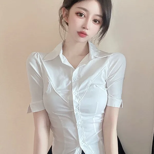 纯欲风白色短袖衬衫修身设计收腰显胸气质短款上衣