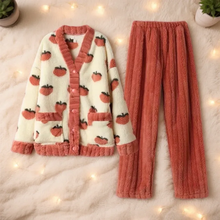 秋冬款女款加绒甜美珊瑚绒睡衣套装加厚保暖宽松可爱家居服可外穿