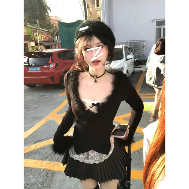 大码胖mm甜辣妹套装女秋冬季新款毛领拼接针织衫蕾丝打底内搭上衣
