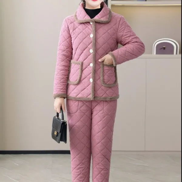 冬季新款加绒加厚棉衣棉裤套装时尚保暖纯色