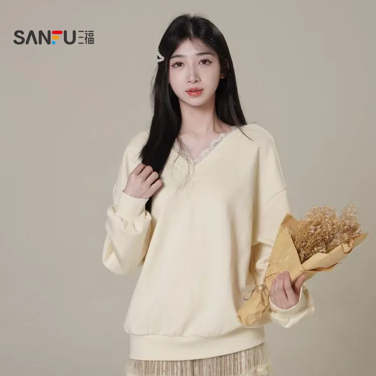 三福 秋季长袖时尚休闲简约宽松纯色甜美V领蕾丝卫衣 512498