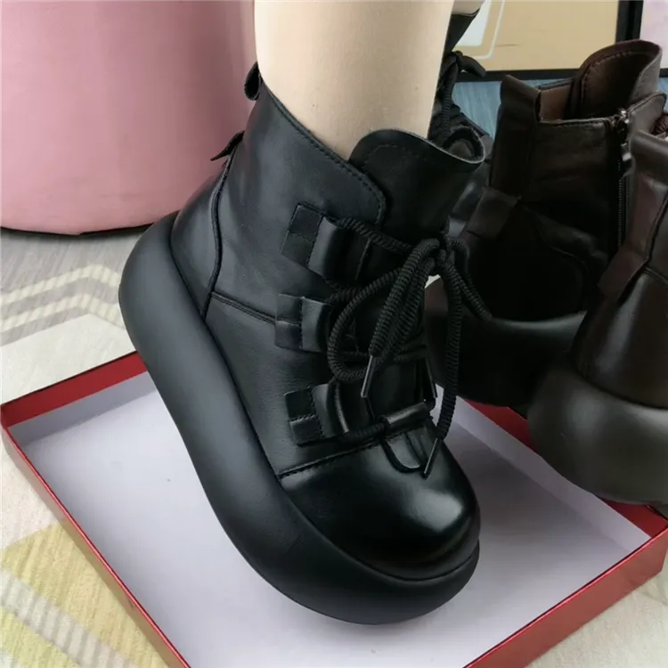 短靴女真皮厚底圆头靴子女休闲棉鞋女冬加绒轻便舒适软底马丁靴女