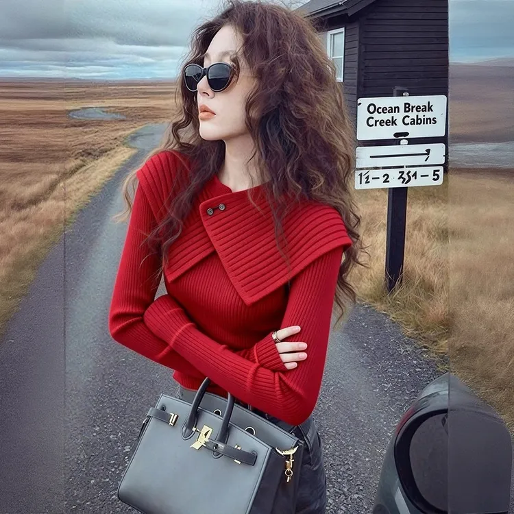 洋气复古风红色套头针织衫氛围感小众披肩设计感毛衣冬季2025新款