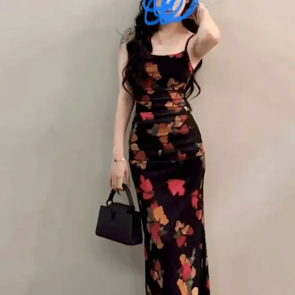 夏季新款印花百搭复古修身开叉包臀时尚吊带连衣裙大码性感辣妹