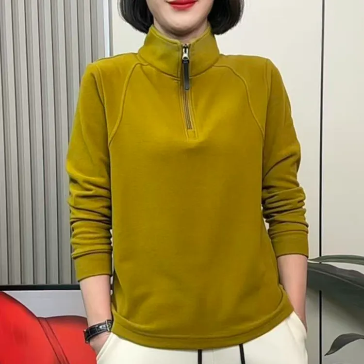 冬季双面绒半拉链立领纯色时尚休闲百搭显瘦保暖长袖女士卫衣打底