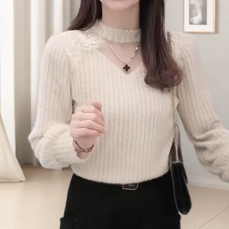 歌玲兰早秋洋气女款磨毛蕾丝衫2025新款气质百搭宽松遮肉显瘦打底