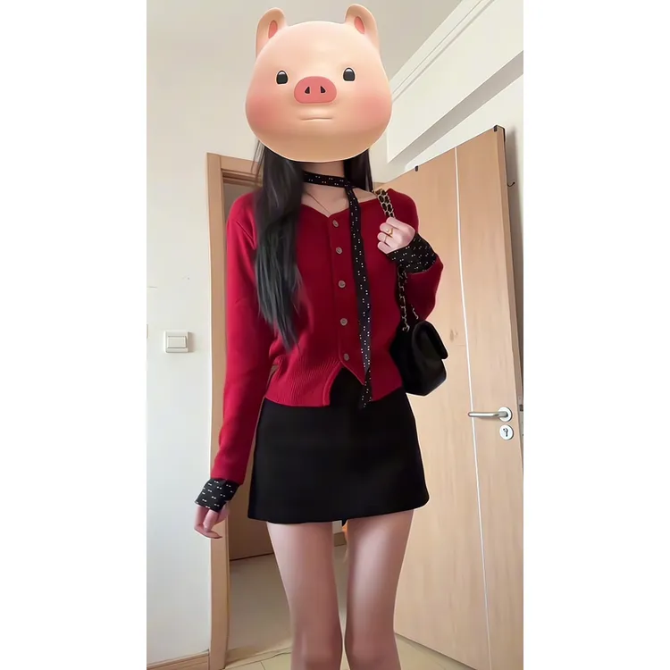 新年红色假两件V领短款毛衣外套针织衫半身裙高腰短裙A字裙子2025