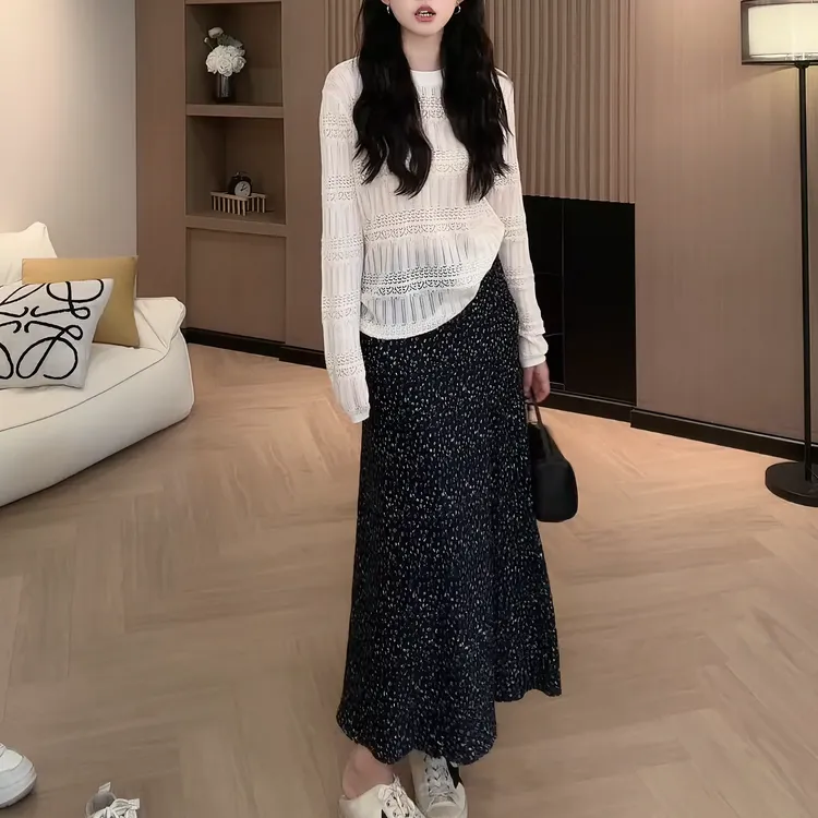 【淡系老钱】镂空针织衫长袖+【晚风游记】花海鱼尾半身裙女LK2505231