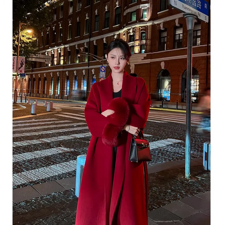红色年会双面大衣女高个子长款仿狐狸毛高级感高贵气质毛呢外套