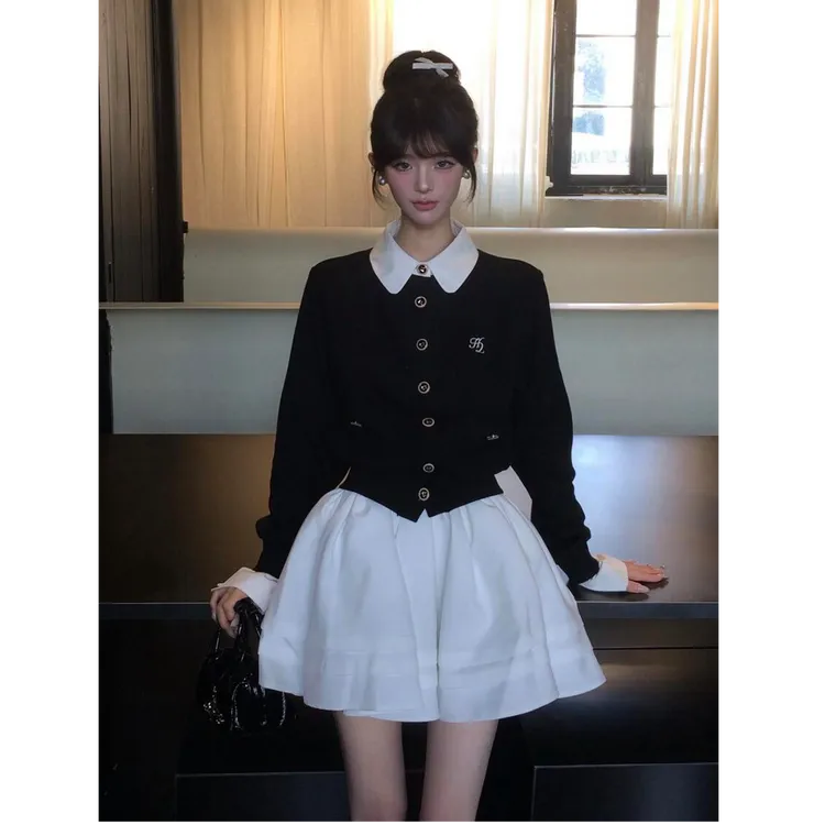撞色拼接假两件针织开衫毛衣外套木耳边百褶裙套装女