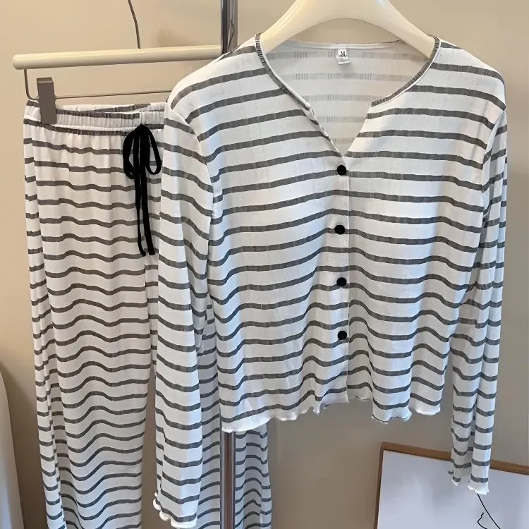 代尔棉睡衣女款春秋季2025新款条纹长袖带胸垫休闲外穿家居服套装