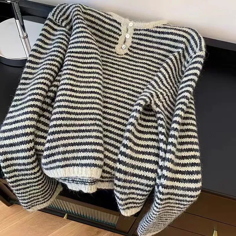 复古条纹松弛感毛衣女秋冬新款宽松慵懒风软糯打底衫上衣韩系百搭