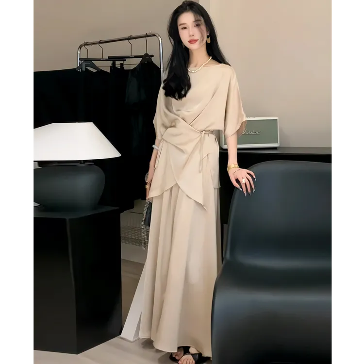 大码法式气质时尚套装裙女夏季不规则系带衬衫高腰半身裙两件套