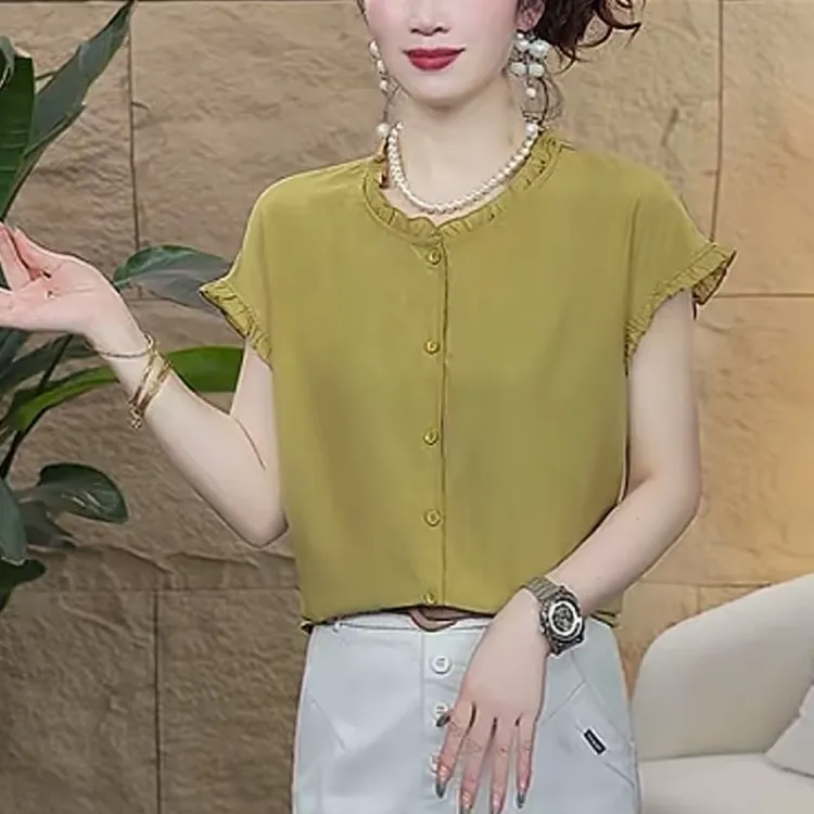 夏季新款时尚洋气花边领短袖法式减龄休闲百搭气质显瘦纯色上衣女