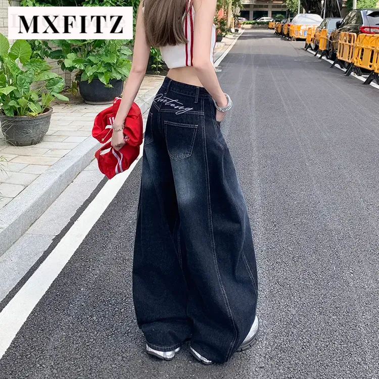 【MXFITZ】美式复古刺绣弯刀阔腿牛仔裤女春秋新款高腰宽松直筒裤