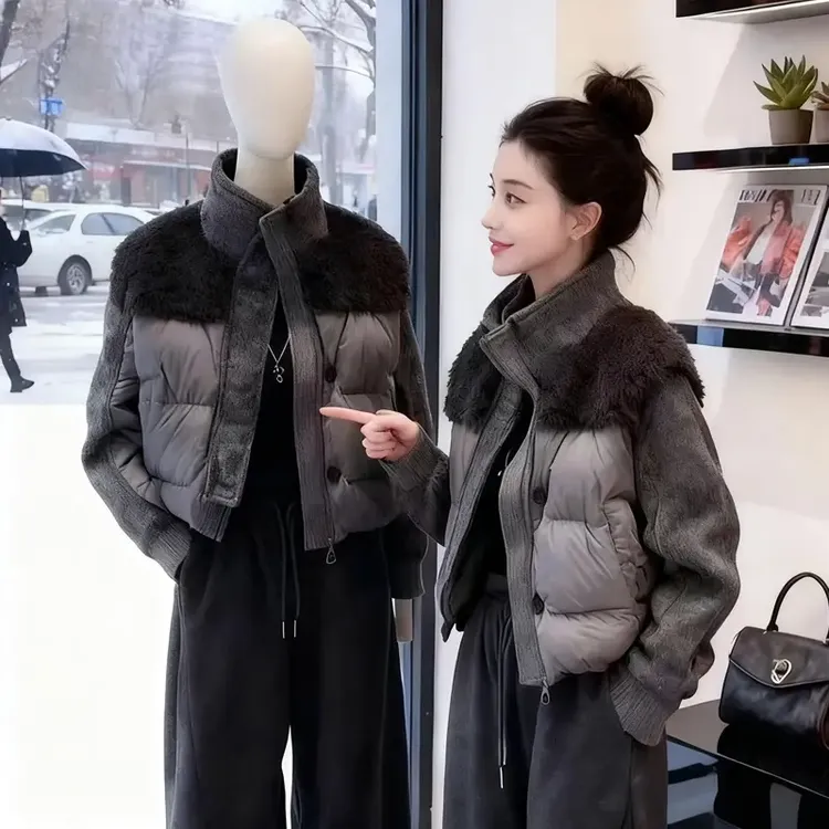 MISU/糜素设计感立领拼接短款棉服冬季新款棉袄时尚保暖棉衣外套