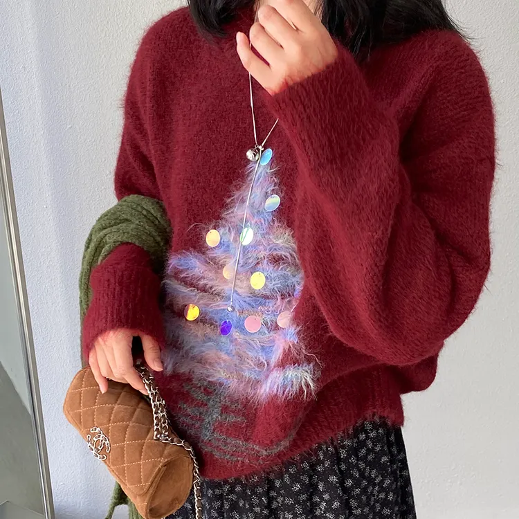 圣诞限定 慵懒风亮片圣诞树软糯毛衣女冬小个子上衣