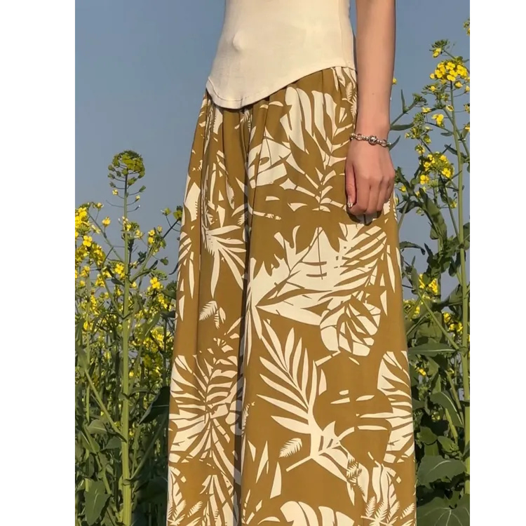 夏季女士薄款居家睡裤时尚棉绸加长加大休闲垂感宽松女裤阔腿裤