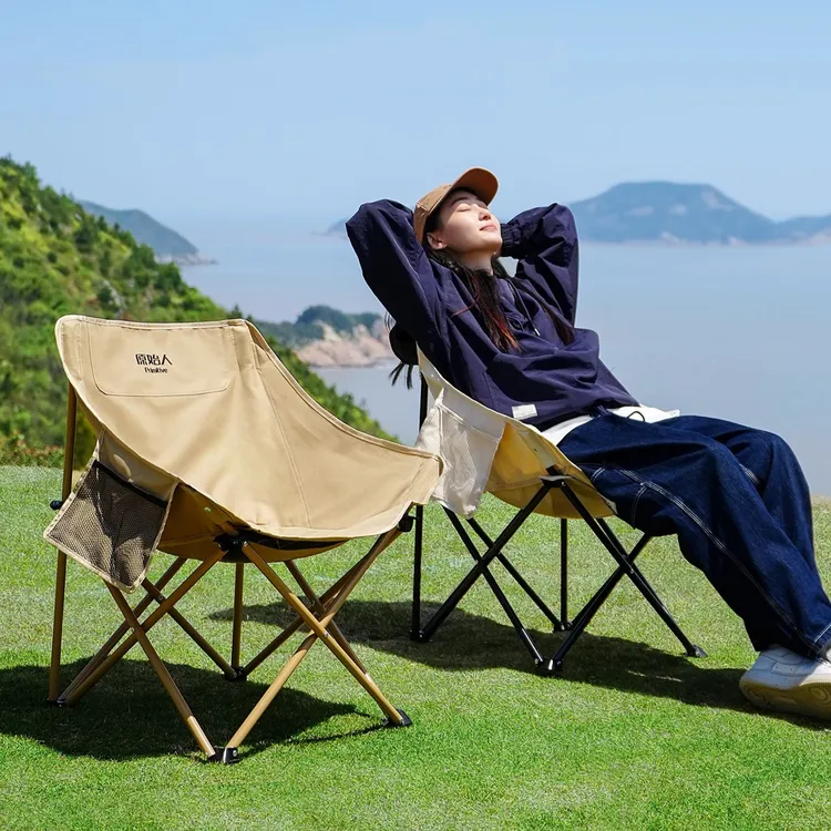 原始人加厚月亮椅露营户外折叠椅便携野餐桌椅钓鱼凳子沙滩椅