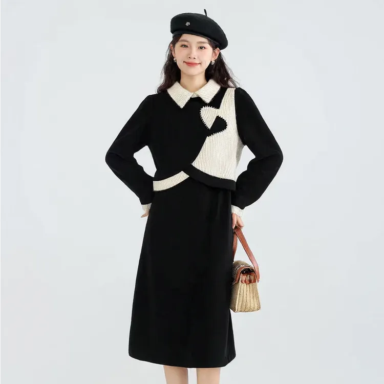 奢姿大码女装2025冬款显瘦时尚气质小香风爱心拼接绣花翻领连衣裙