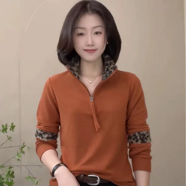 【现货-糖】2025新款德绒豹纹拼接毛毛时尚洋气半拉链立领打底长袖