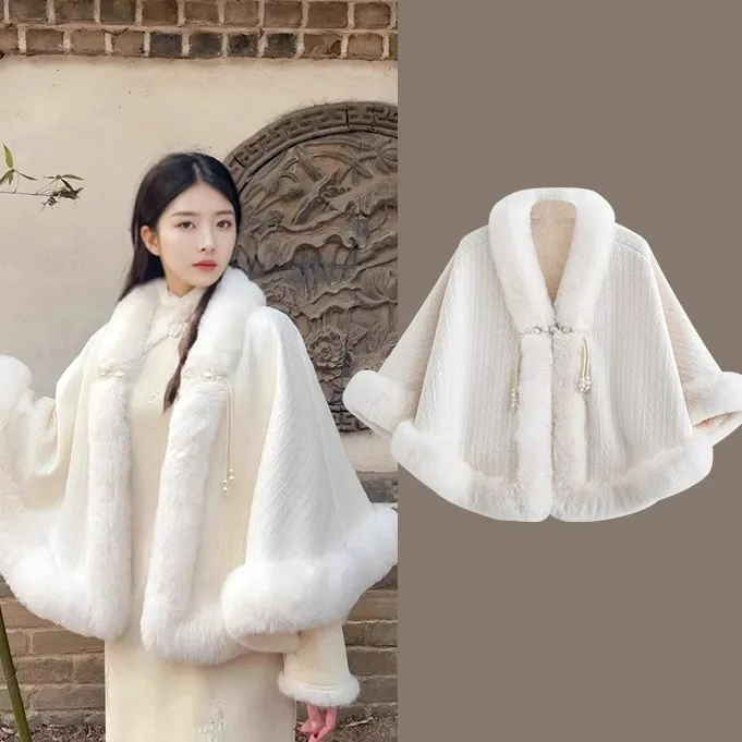 旗袍斗篷冬季加厚加绒新款披肩旗袍气质高端秋冬保暖外套毛绒