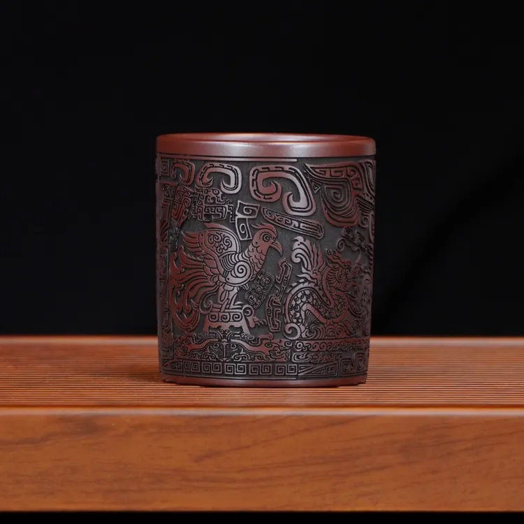 宜兴全手工原矿茶具正宗石红手刻四大神兽高端自用直筒紫砂主人杯