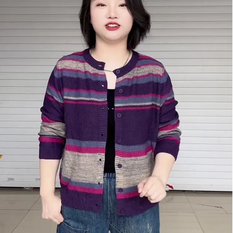 百搭时尚针织圆领女春季常规短袖毛针织衫针织衫打底条纹百搭针织