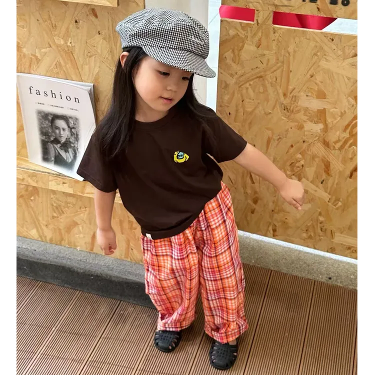 小思家女童2025夏季慵懒韩版复古风圆领短袖上衣格纹休闲裤套装