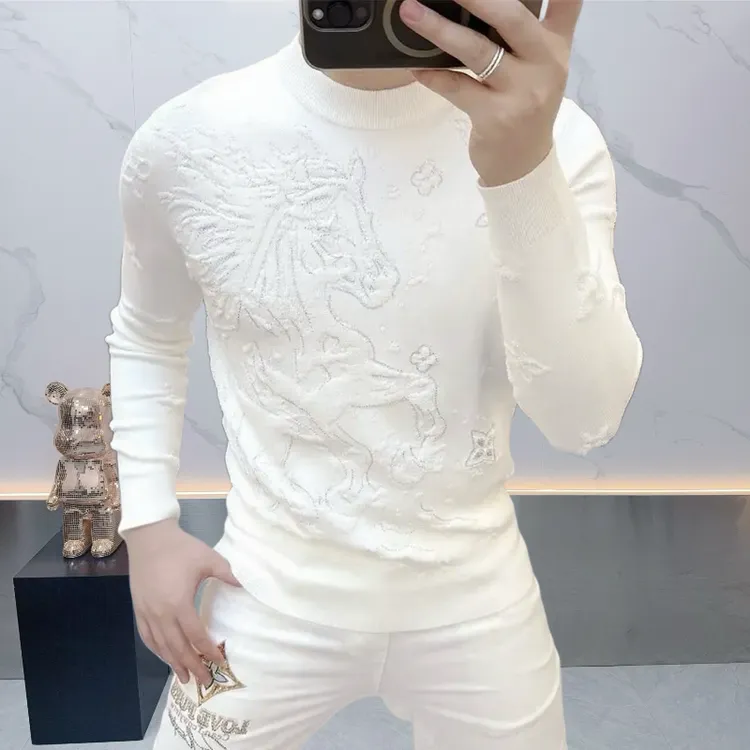 2025秋冬新款潮流个性动物提花烫钻修身百搭纯色圆领针织衫毛衣男