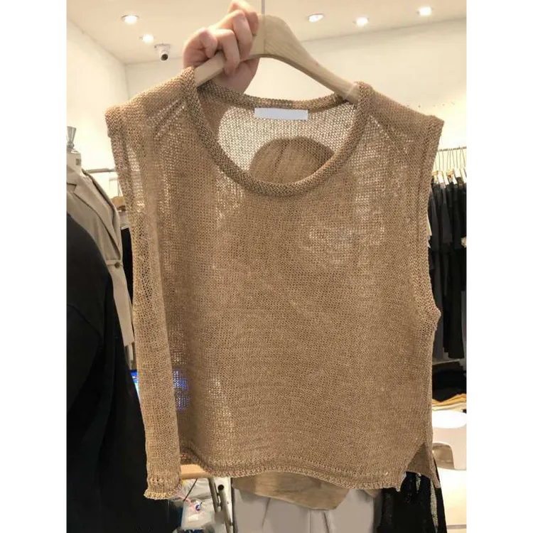 咆哮推荐~巨好搭！马甲女叠穿微透针织衫显瘦砍袖薄款镂空套头上衣