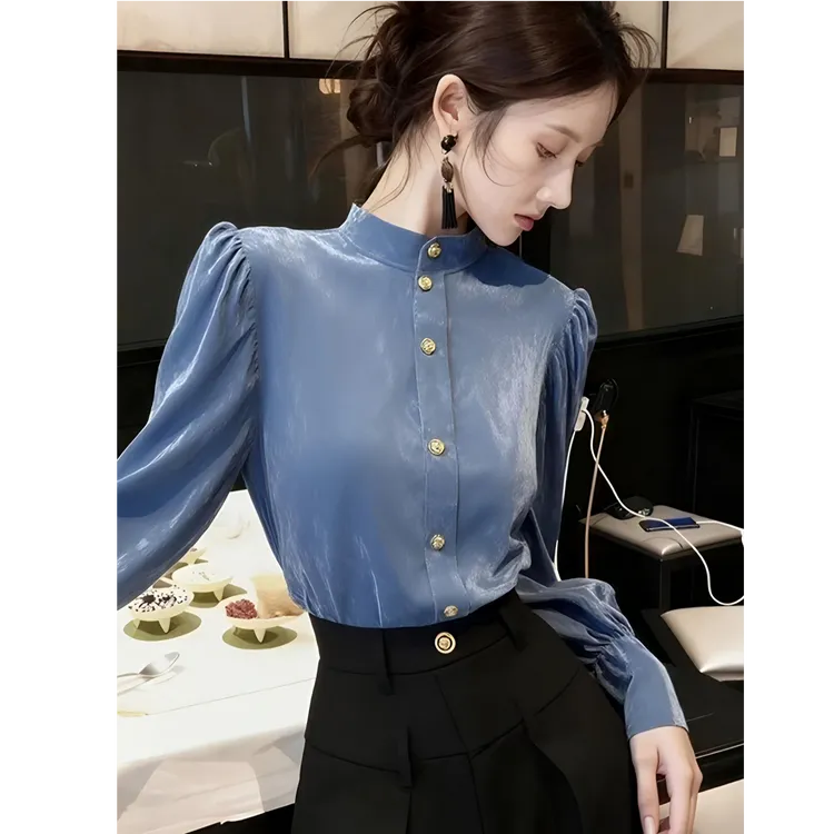 2025新款轻奢独特超好看内搭上衣气质高级感蓝色立领丝绒衬衫女冬