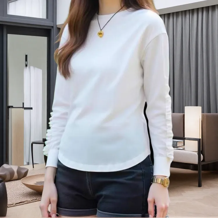 设计感袖口拼接蕾丝长袖T恤女2025春季新款简约休闲显瘦圆领上衣