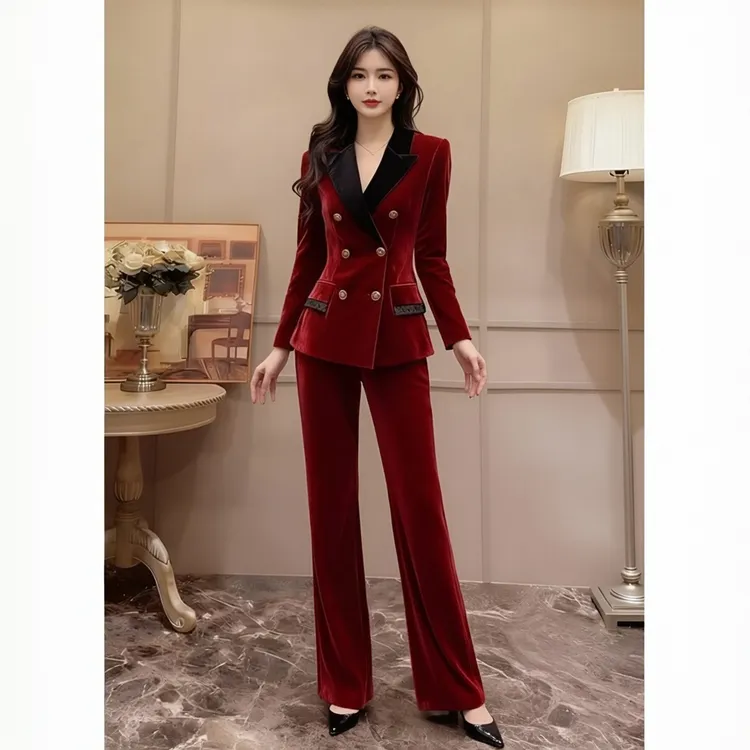 贵气感大方得体酒红色丝绒西装套装女高级感年会时尚穿搭外套裤子