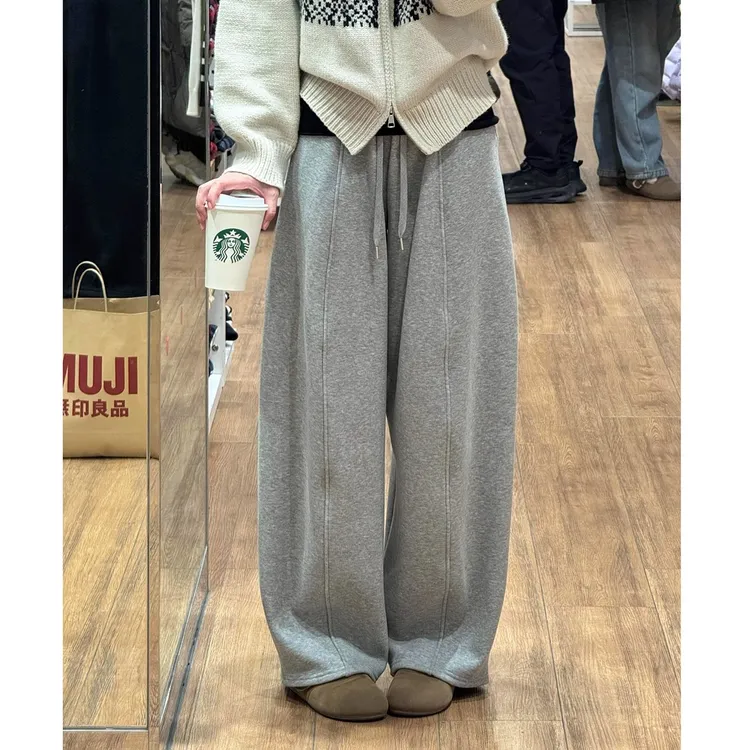 灰色加绒弯刀裤女秋冬加厚奥粒绒慵懒宽松阔腿裤高腰宽松运动卫裤