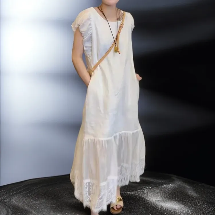 大码女装重工刺绣镂空蕾丝洋气减龄亚麻连衣裙气质时尚拼接鱼尾裙