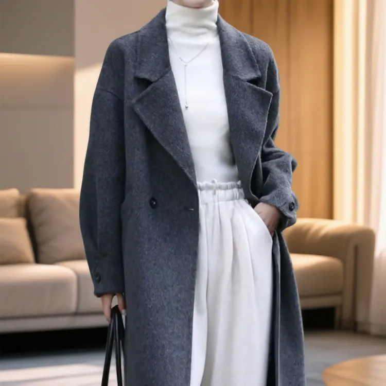 高品质长款澳洲羊毛双面大衣西装领气质女款秋冬外套呢子中长款