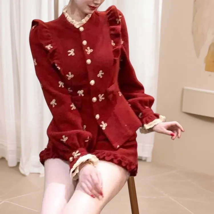 新中式法式复古红色毛呢外套+半身裙套装 冬季圣诞新年气质显瘦