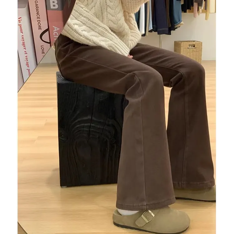【现货+运费险】微喇咖啡色秋冬高腰加绒牛仔裤大码显瘦弹力喇叭裤