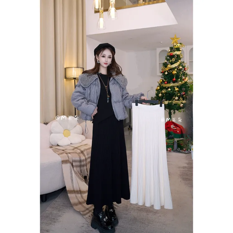 9003温柔风针织裙子半身裙女秋季高腰显瘦A字裙中长款遮肉大摆裙