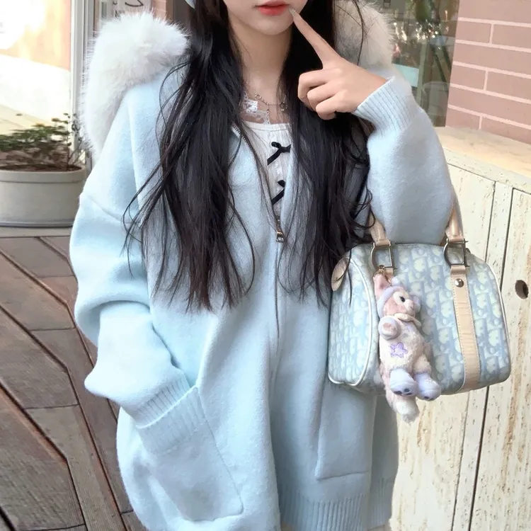 1378时尚宽松秋冬设计感连帽毛领针织外套双头拉链正口袋休闲上衣