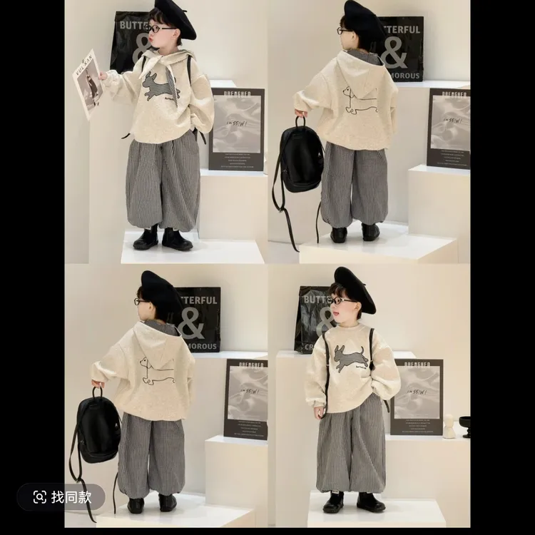 儿童秋冬季休闲卫衣套装2025新款格子裤韩版小狗套头上衣俩件套