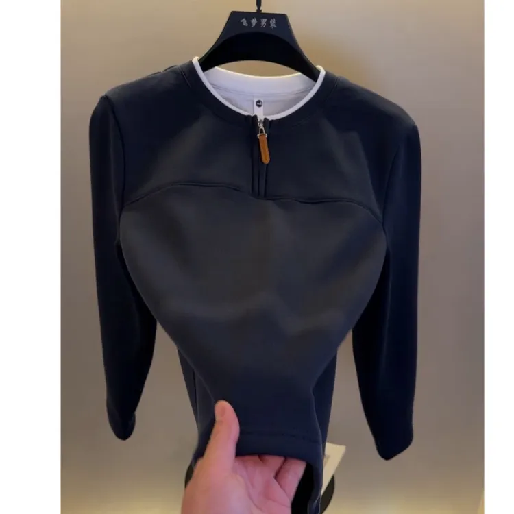 高档假两件加绒加厚卫衣男士秋冬款保暖时尚打底衫体恤男装858R